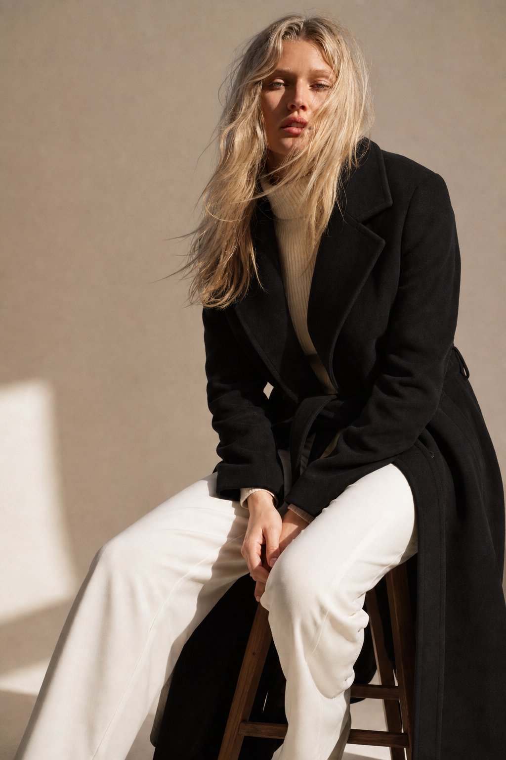 Women's Wool Blend Coat with Tie Belt and Notch Lapel
