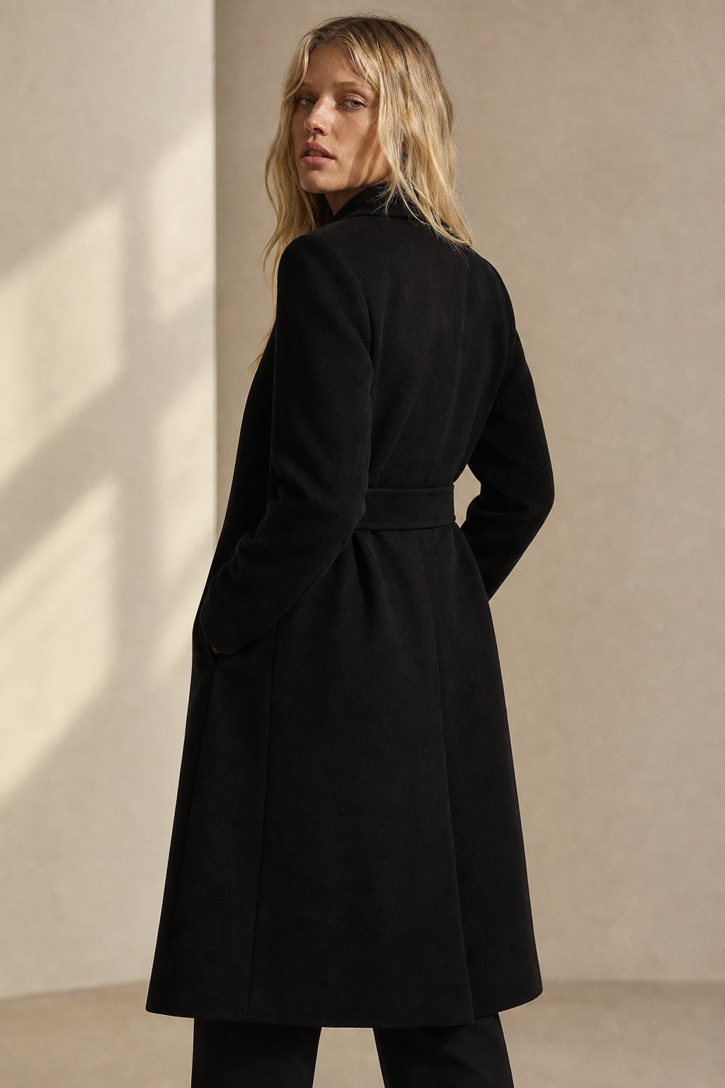 Women's Wool Blend Coat with Tie Belt and Notch Lapel
