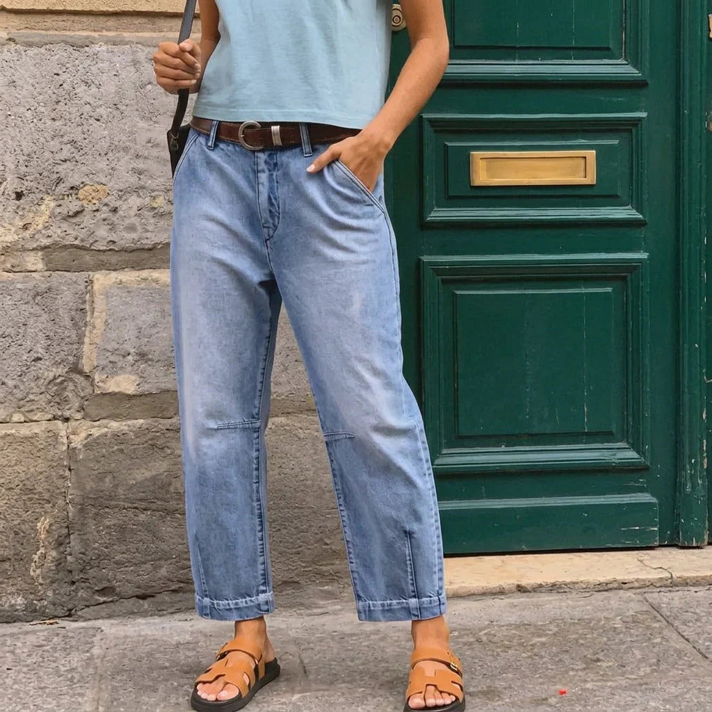 Women's High Waisted Cropped Barrel Jeans with Front Slit
