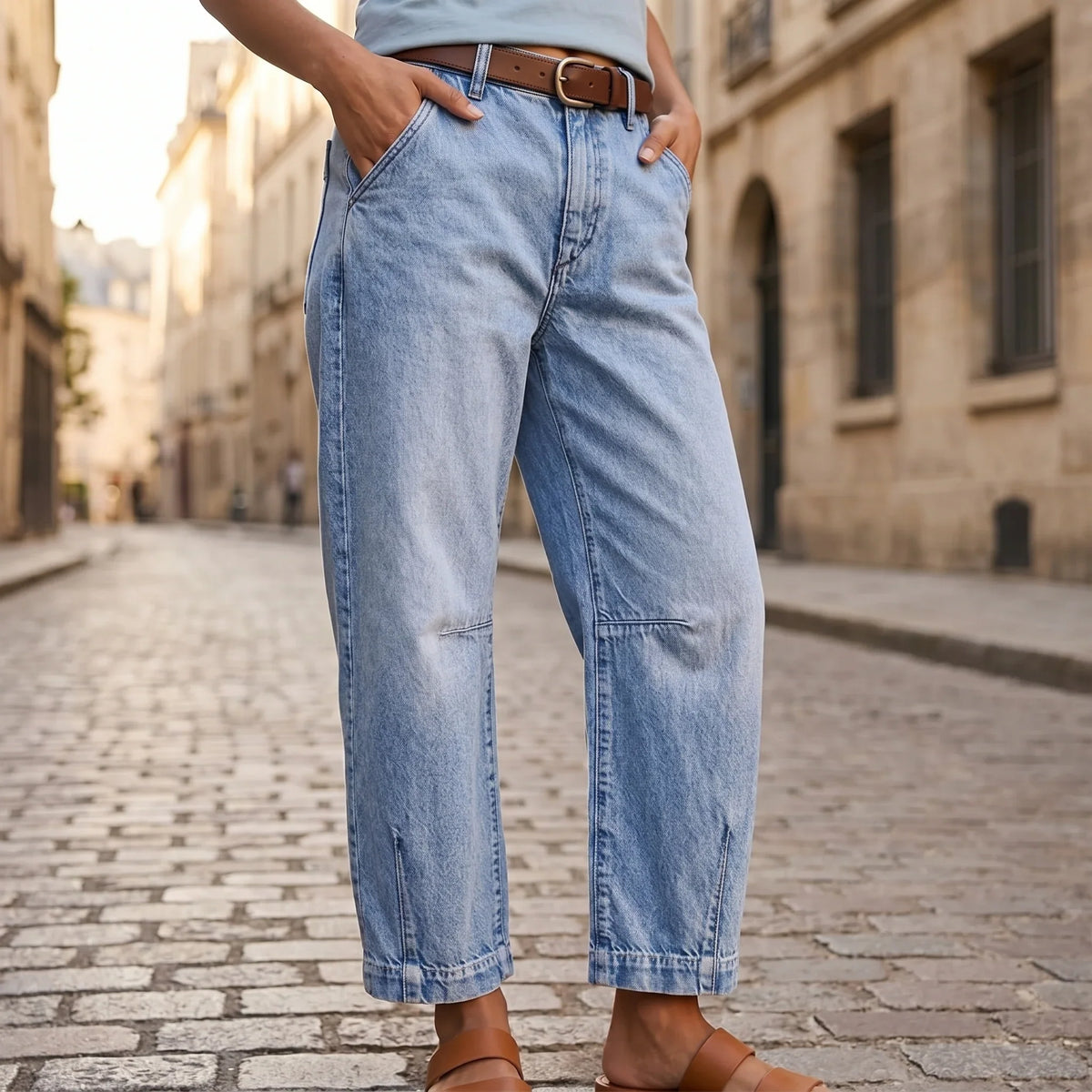 Women's High Waisted Cropped Barrel Jeans with Front Slit