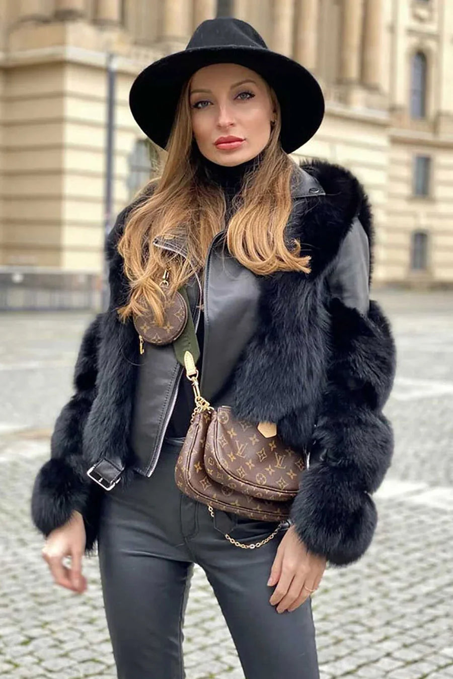 Women's Cropped Faux Leather Jacket with Faux Fur Trim and Zip Front