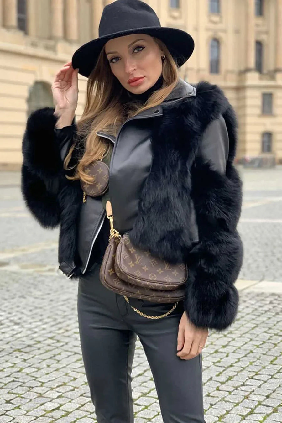 Women's Cropped Faux Leather Jacket with Faux Fur Trim and Zip Front