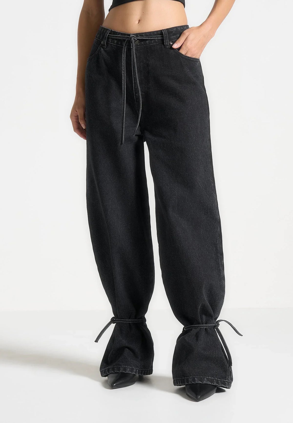 Women's Wide Leg Mid Rise Jeans with Tie Waist and Cuffed Hems