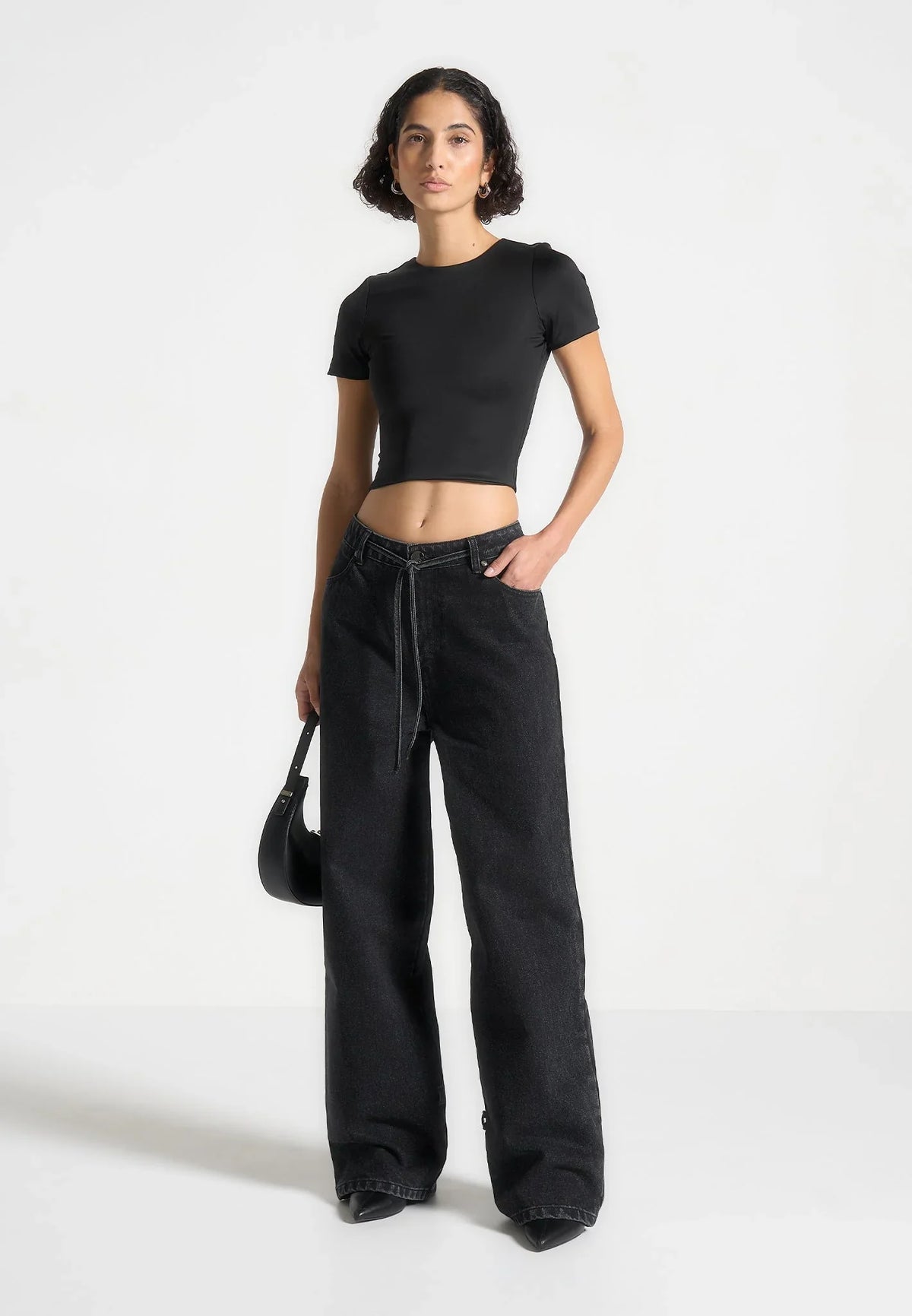 Women's Wide Leg Mid Rise Jeans with Tie Waist and Cuffed Hems