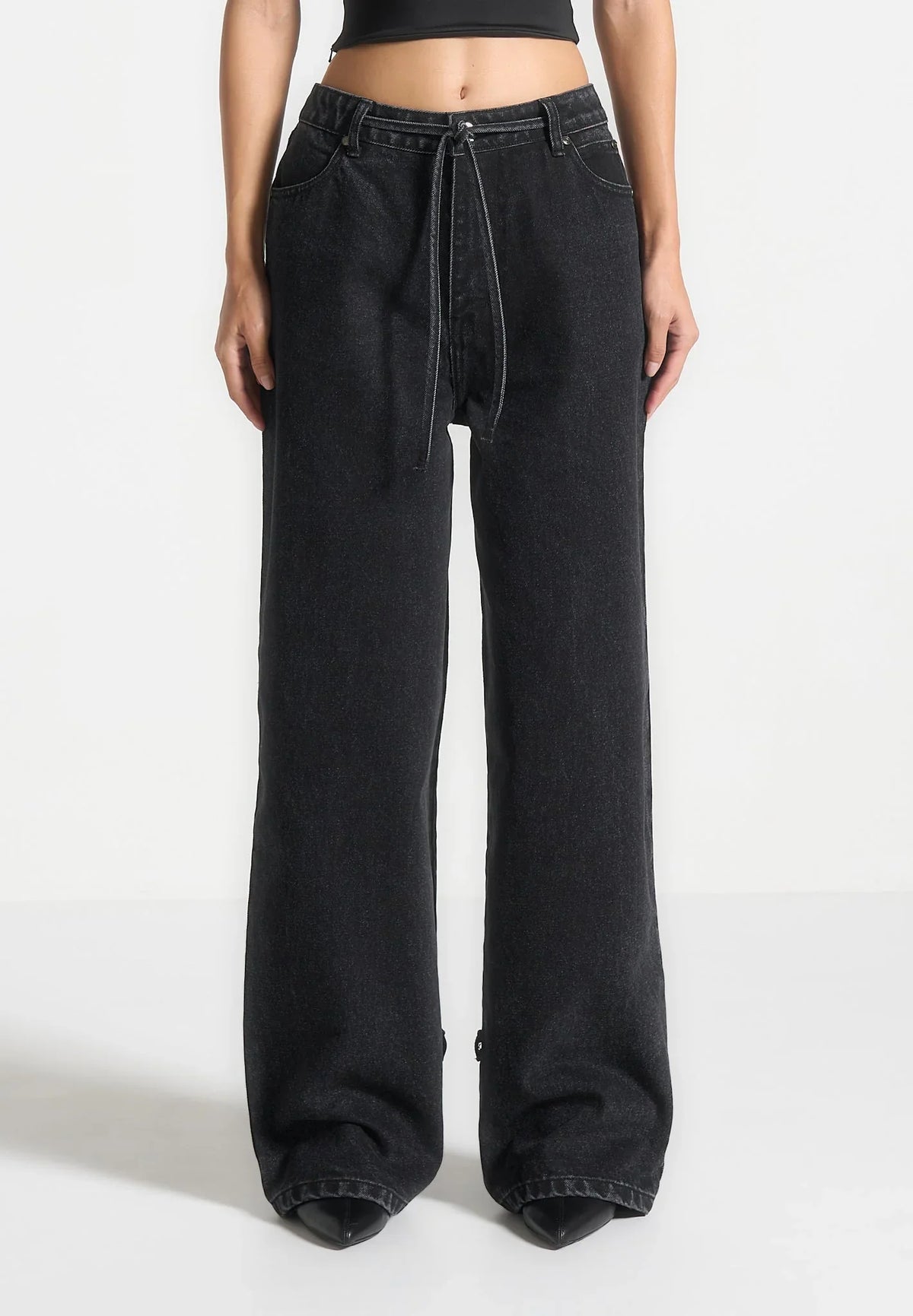 Women's Wide Leg Mid Rise Jeans with Tie Waist and Cuffed Hems