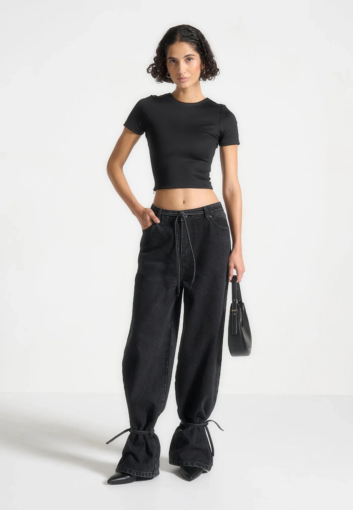 Women's Wide Leg Mid Rise Jeans with Tie Waist and Cuffed Hems