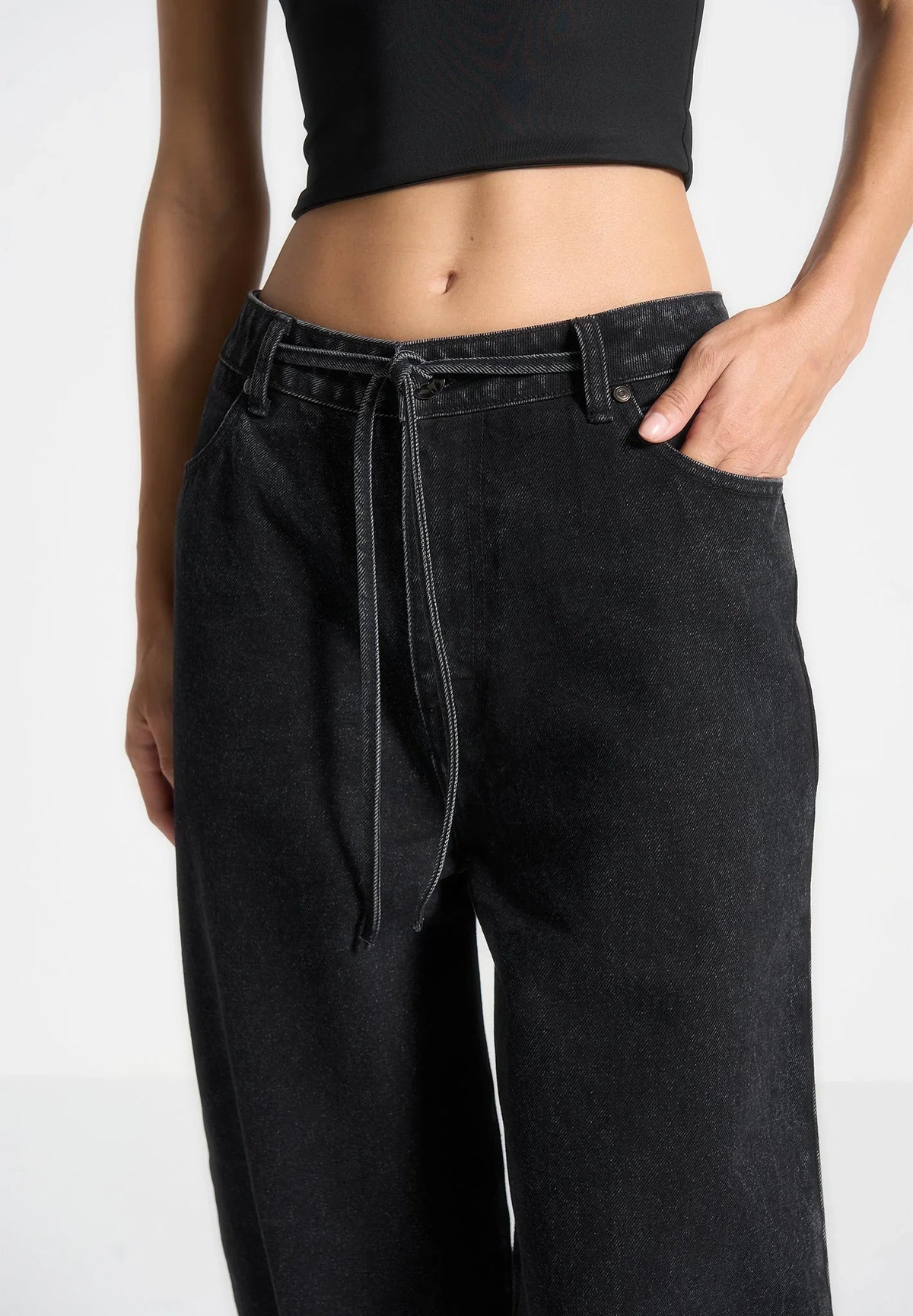Women's Wide Leg Mid Rise Jeans with Tie Waist and Cuffed Hems