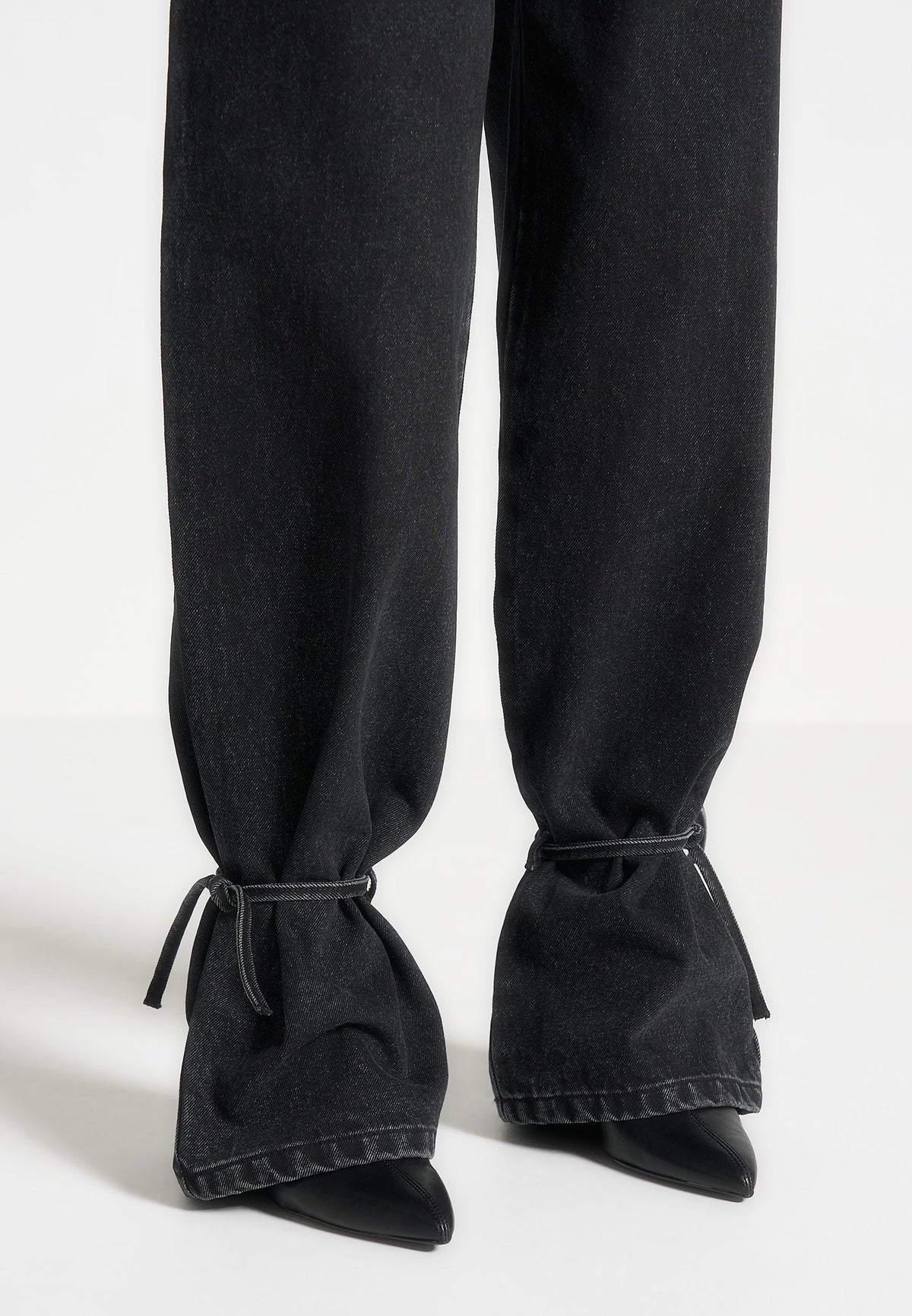Women's Wide Leg Mid Rise Jeans with Tie Waist and Cuffed Hems