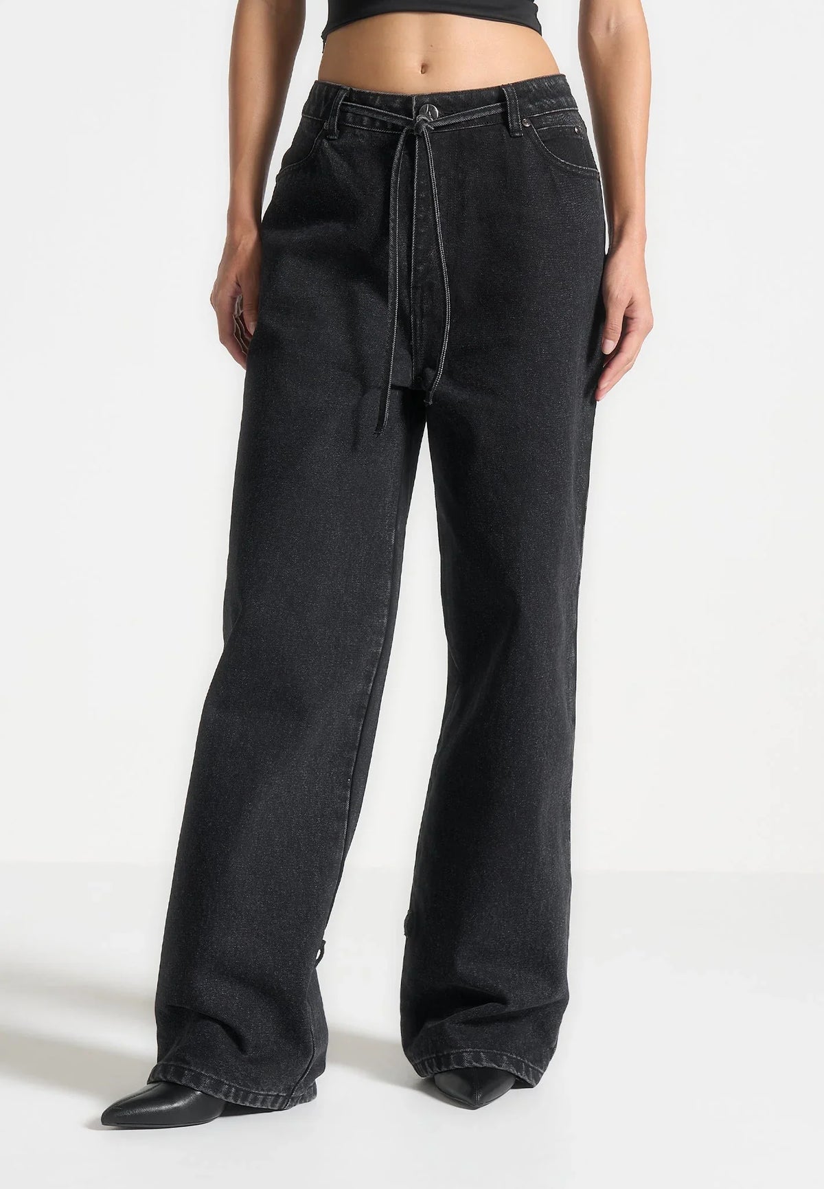 Women's Wide Leg Mid Rise Jeans with Tie Waist and Cuffed Hems