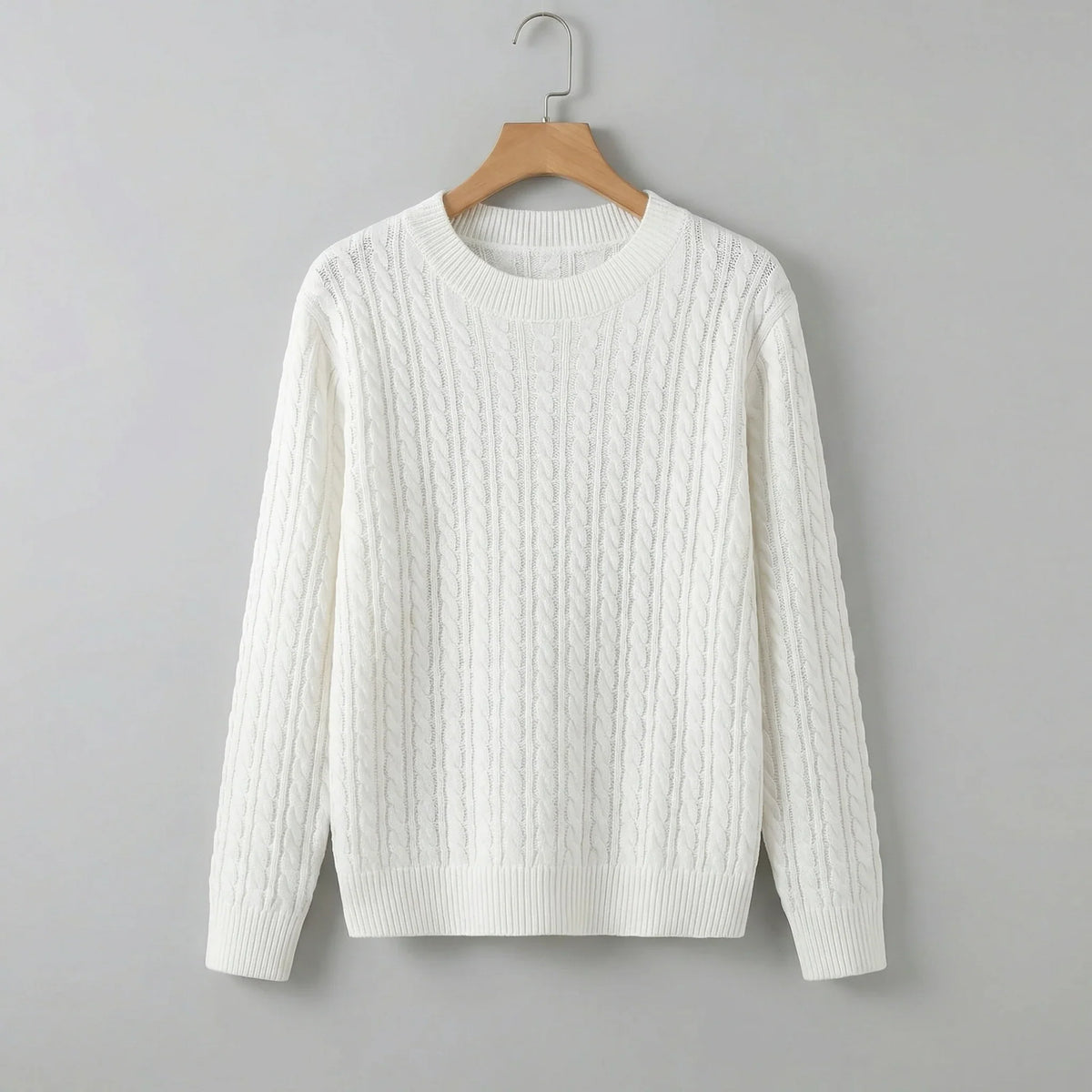 Women's Cable Knit Crew Neck Sweater with Long Sleeves and Ribbed Trim