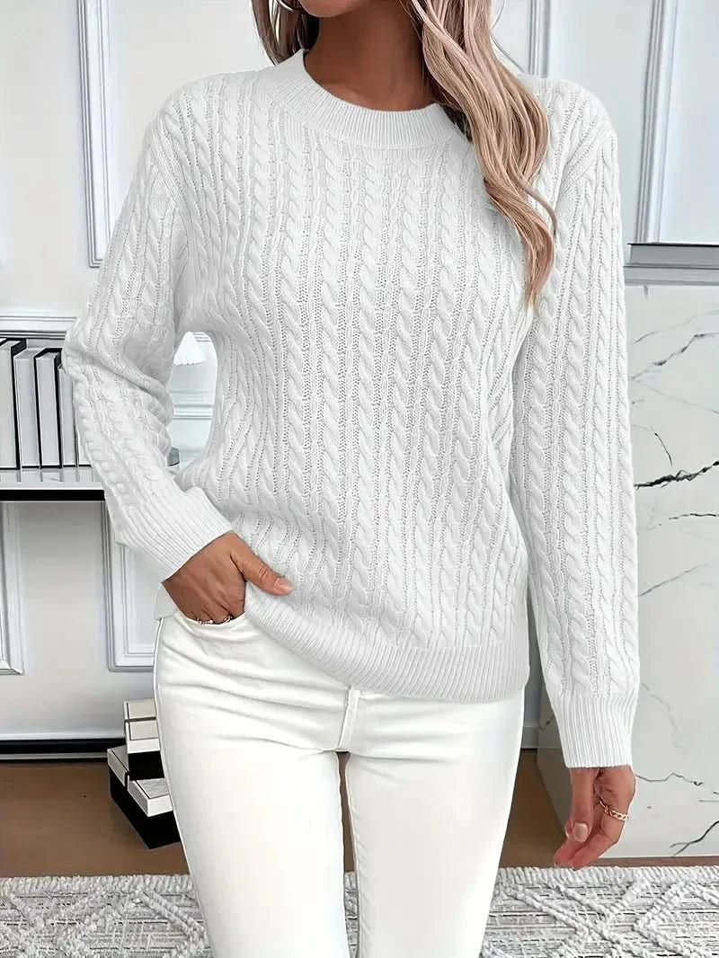 Women's Cable Knit Crew Neck Sweater with Long Sleeves and Ribbed Trim