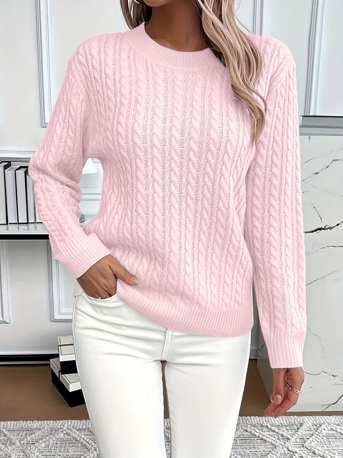 Women's Cable Knit Crew Neck Sweater with Long Sleeves and Ribbed Trim