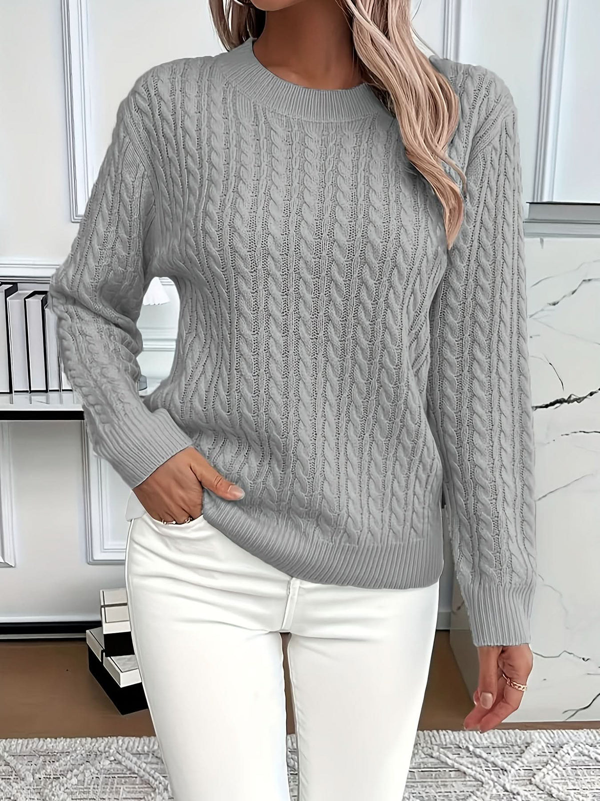 Women's Cable Knit Crew Neck Sweater with Long Sleeves and Ribbed Trim