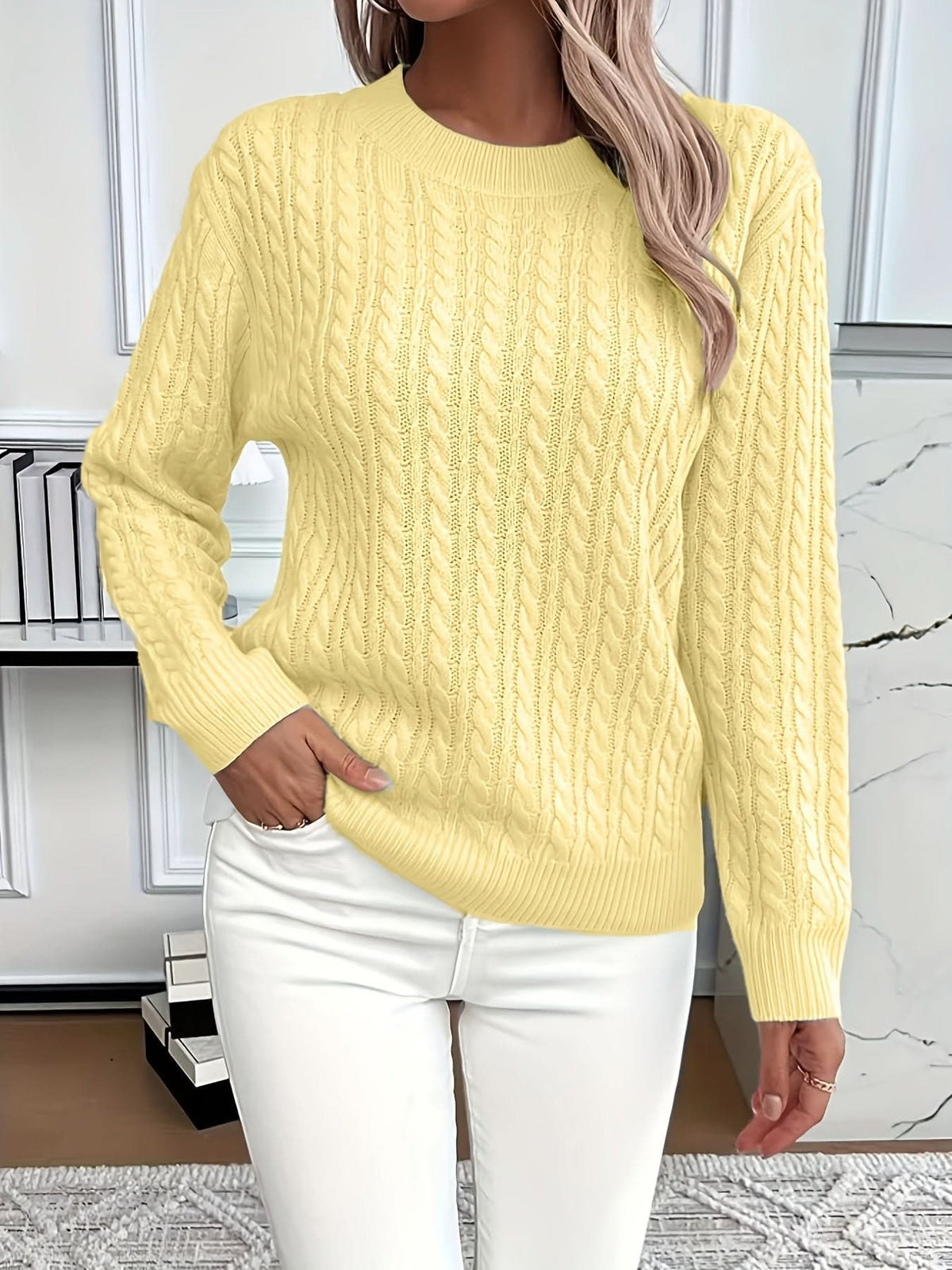 Women's Cable Knit Crew Neck Sweater with Long Sleeves and Ribbed Trim