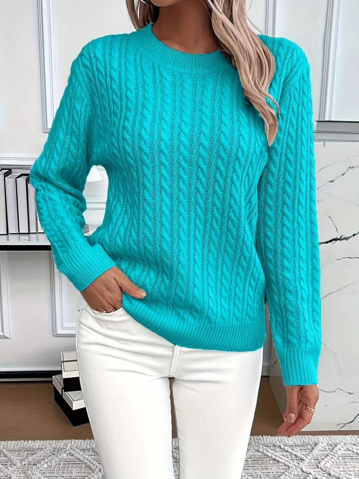 Women's Cable Knit Crew Neck Sweater with Long Sleeves and Ribbed Trim