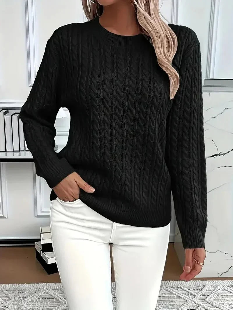Women's Cable Knit Crew Neck Sweater with Long Sleeves and Ribbed Trim
