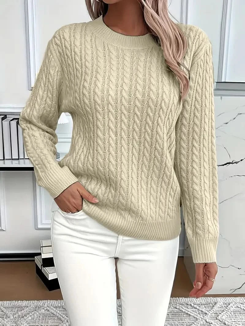 Women's Cable Knit Crew Neck Sweater with Long Sleeves and Ribbed Trim