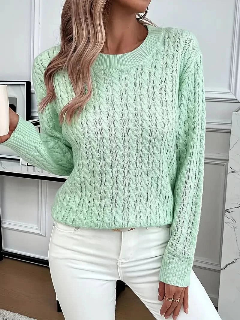 Women's Cable Knit Crew Neck Sweater with Long Sleeves and Ribbed Trim