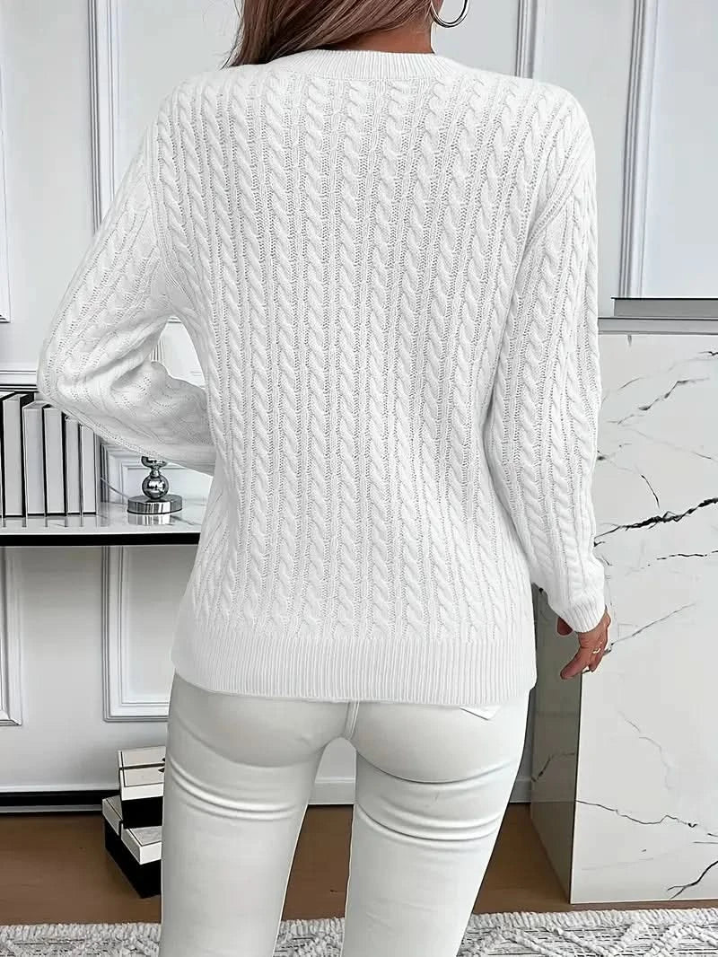 Women's Cable Knit Crew Neck Sweater with Long Sleeves and Ribbed Trim