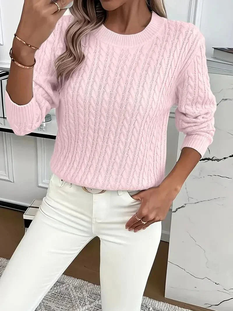 Women's Cable Knit Crew Neck Sweater with Long Sleeves and Ribbed Trim