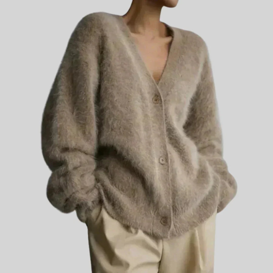 Women's Fuzzy Knit V Neck Cardigan with Button Front and Long Sleeves