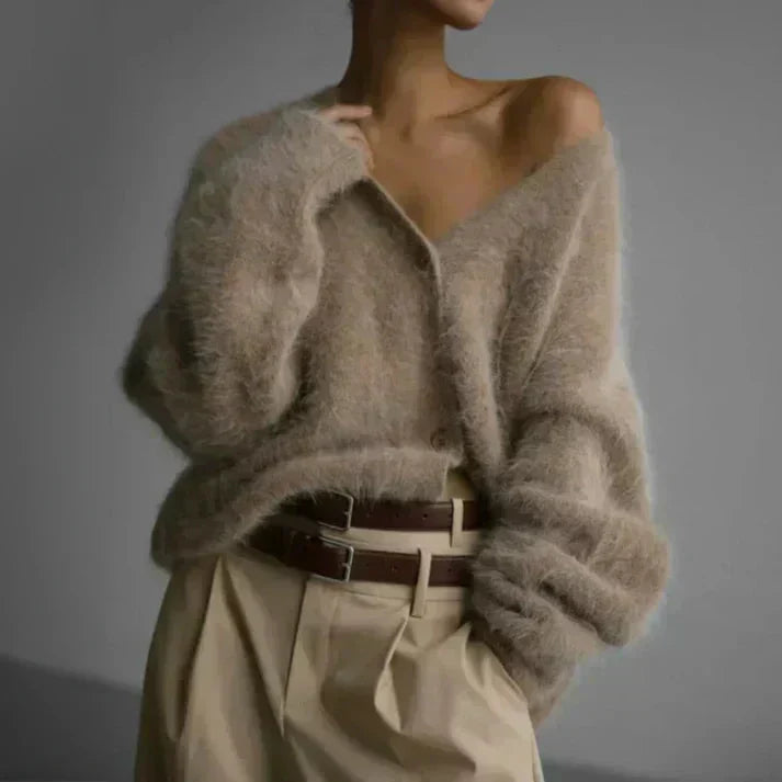 Women's Fuzzy Knit V Neck Cardigan with Button Front and Long Sleeves