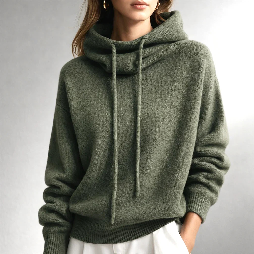 Women's Knit Hoodie with Cowl Neck and Adjustable Drawstring