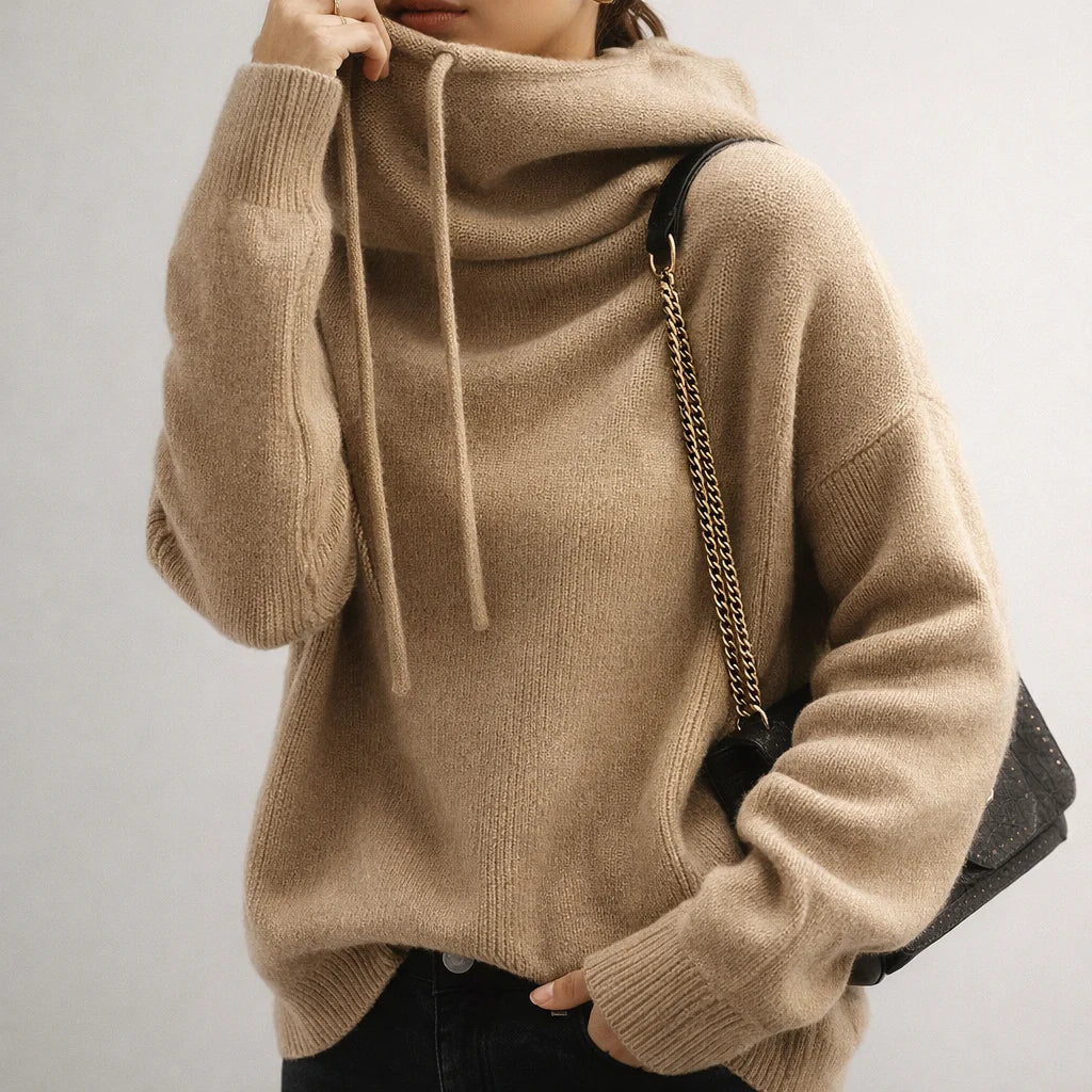 Women's Knit Hoodie with Cowl Neck and Adjustable Drawstring