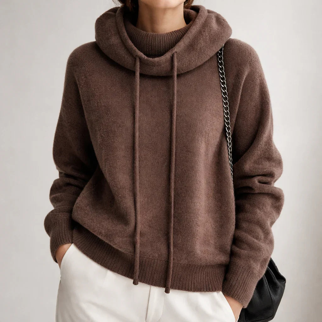 Women's Knit Hoodie with Cowl Neck and Adjustable Drawstring