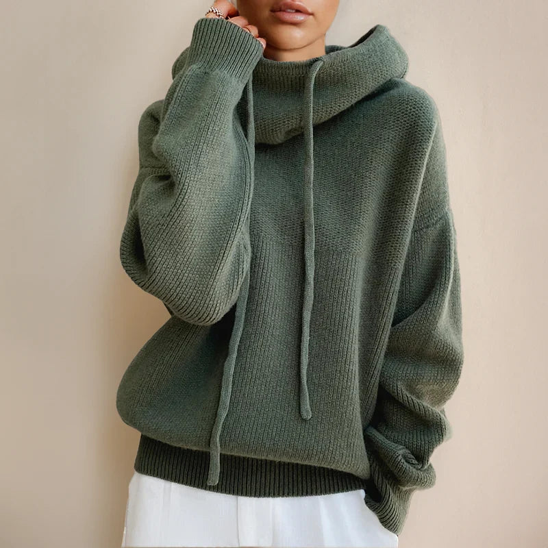 Women's Knit Hoodie with Cowl Neck and Adjustable Drawstring
