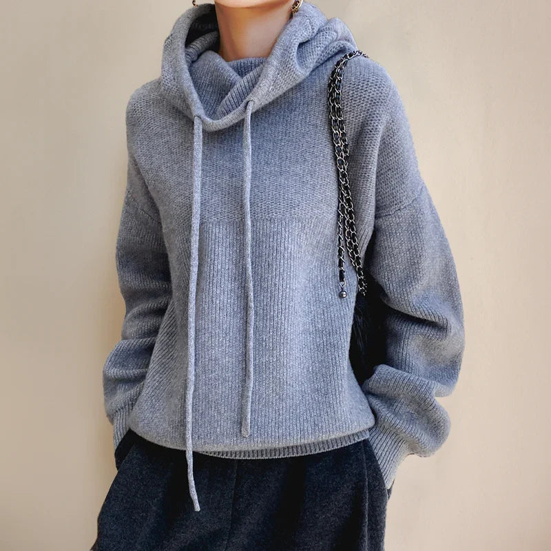 Women's Knit Hoodie with Cowl Neck and Adjustable Drawstring