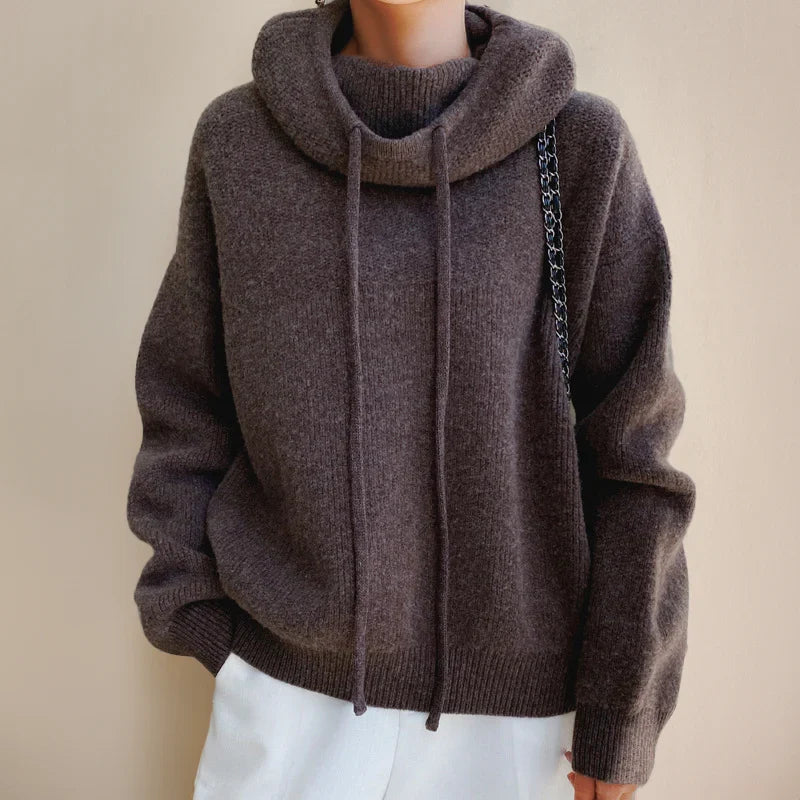 Women's Knit Hoodie with Cowl Neck and Adjustable Drawstring
