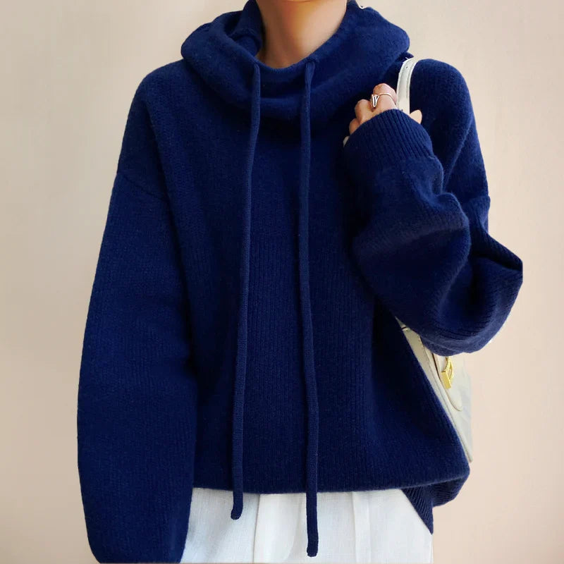 Women's Knit Hoodie with Cowl Neck and Adjustable Drawstring
