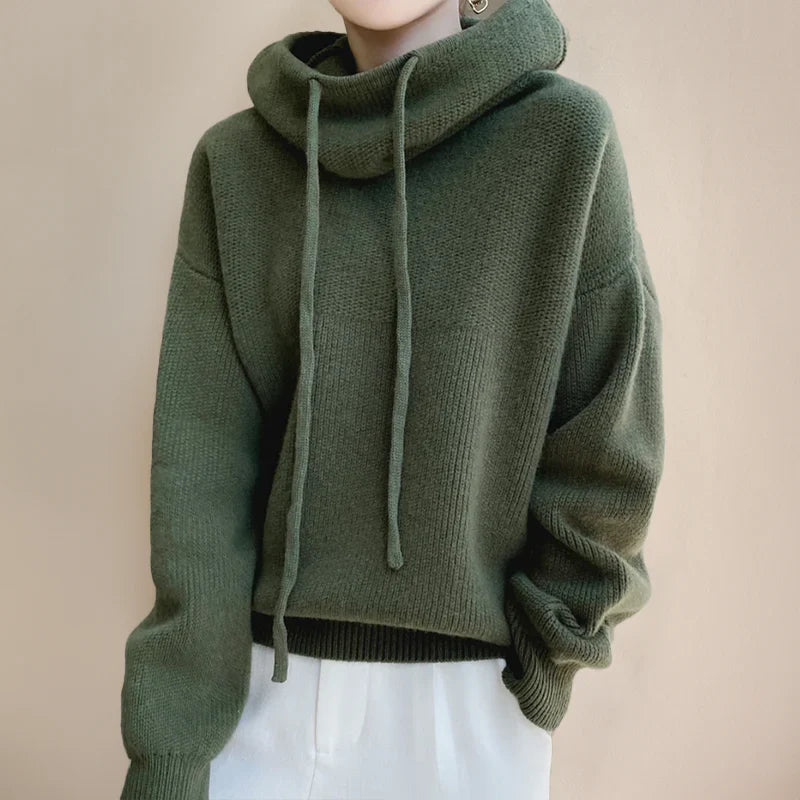 Women's Knit Hoodie with Cowl Neck and Adjustable Drawstring