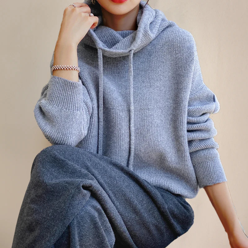 Women's Knit Hoodie with Cowl Neck and Adjustable Drawstring