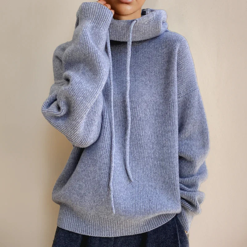 Women's Knit Hoodie with Cowl Neck and Adjustable Drawstring