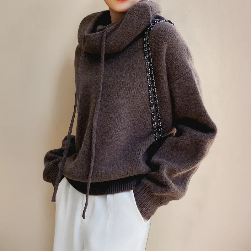 Women's Knit Hoodie with Cowl Neck and Adjustable Drawstring