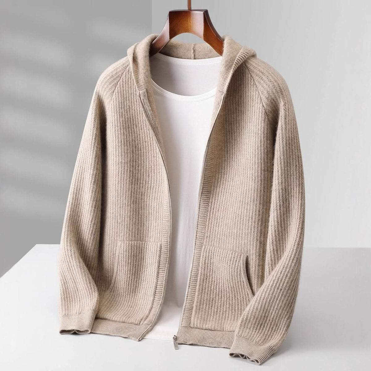 Women's Ribbed Knit Hoodie with Full Zip Front and Pockets