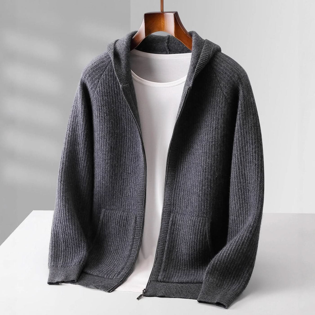 Women's Ribbed Knit Hoodie with Full Zip Front and Pockets