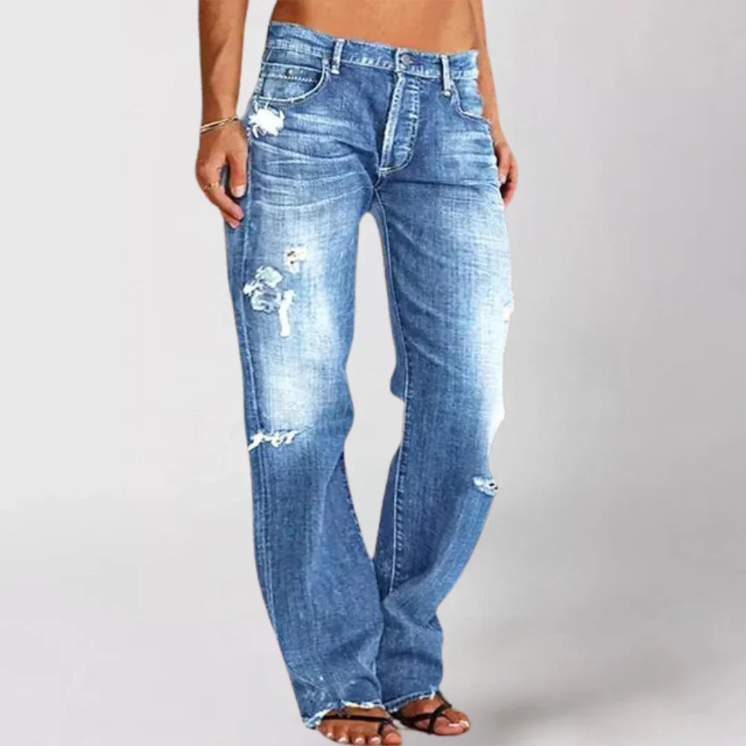 Women's Wide Leg Distressed Jeans with Button Fly and Pockets