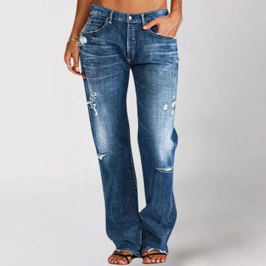 Women's Wide Leg Distressed Jeans with Button Fly and Pockets