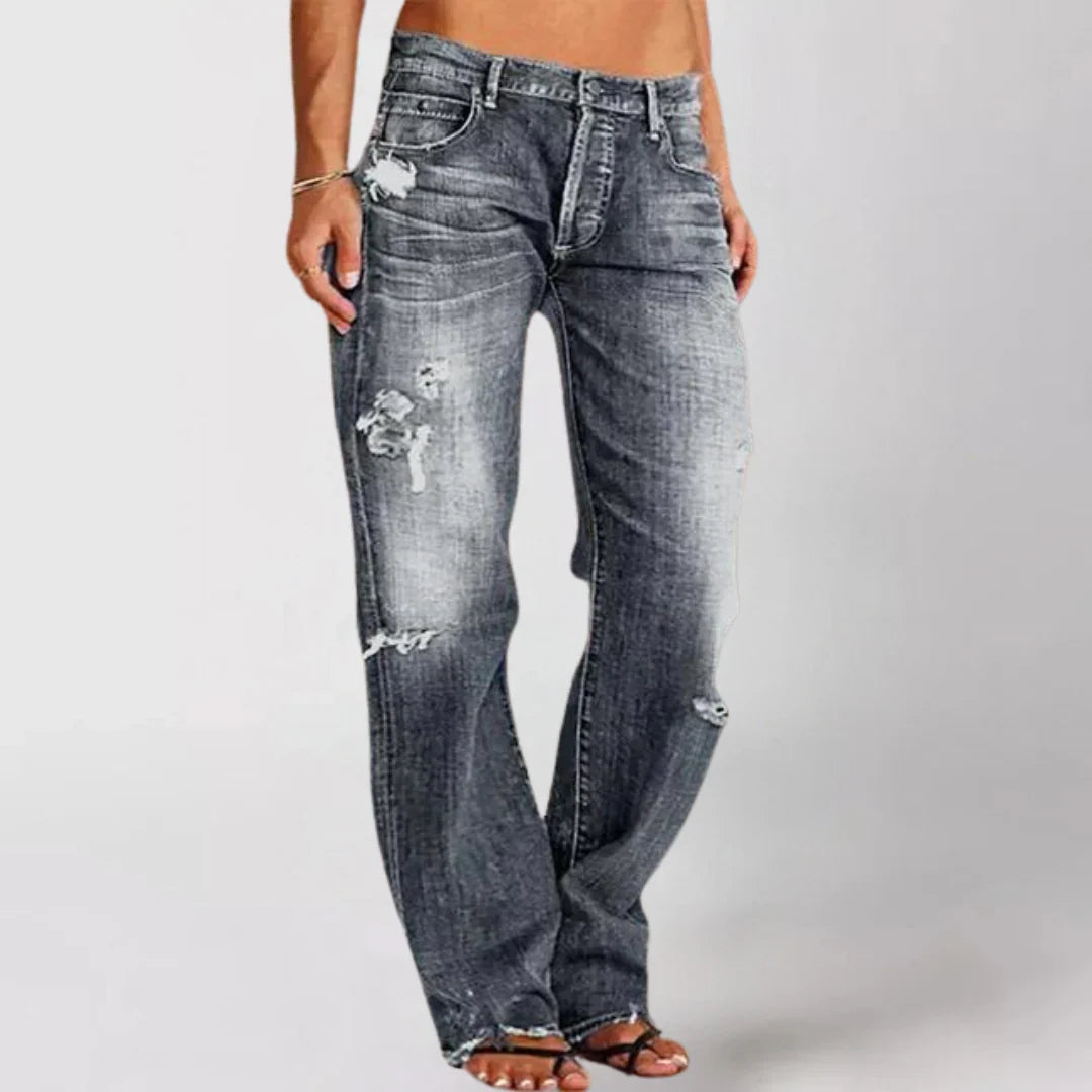 Women's Wide Leg Distressed Jeans with Button Fly and Pockets