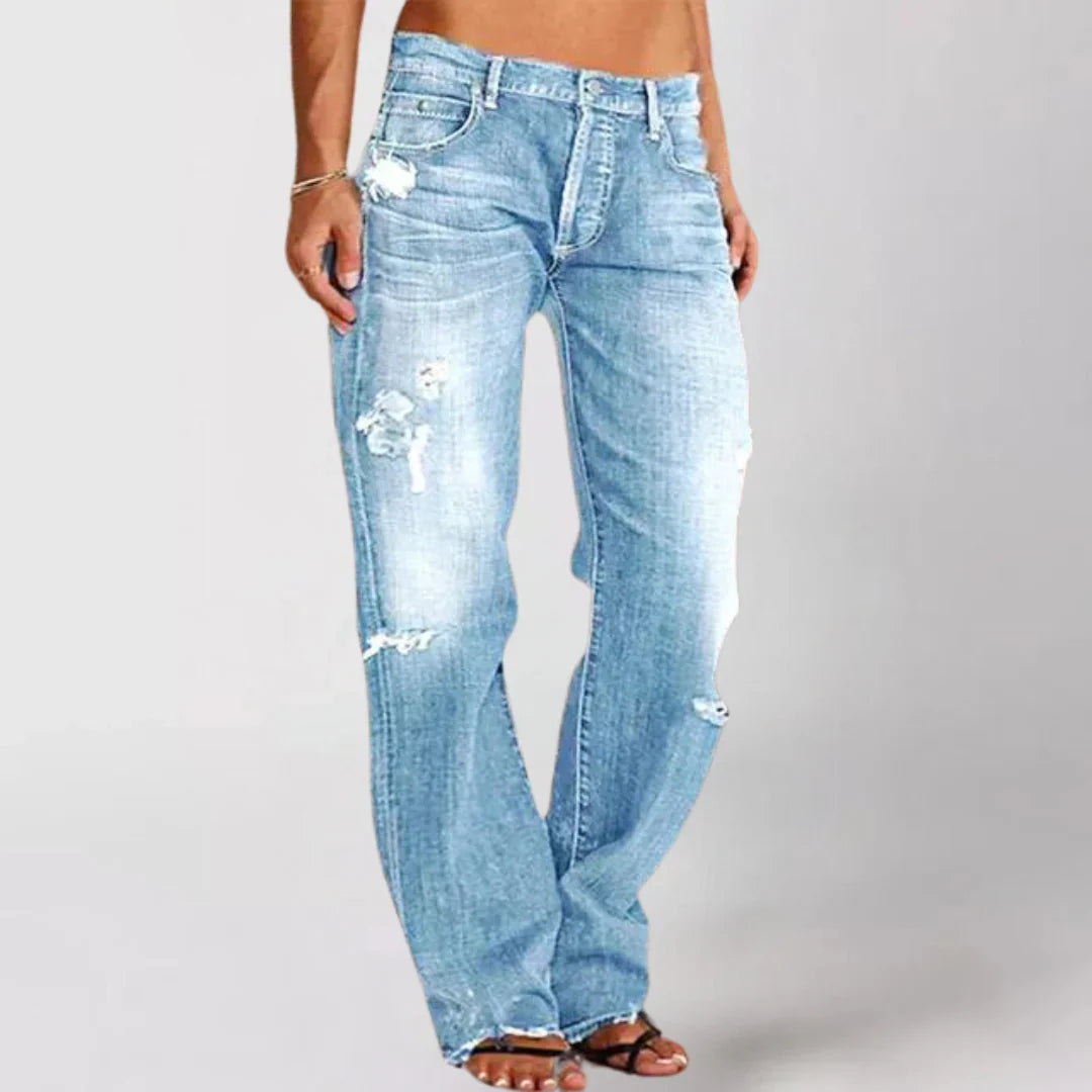Women's Wide Leg Distressed Jeans with Button Fly and Pockets