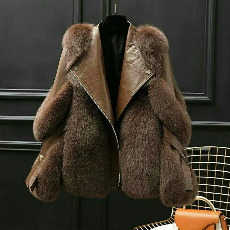 Women's Faux Fur Trimmed Moto Jacket with Asymmetric Zip Front