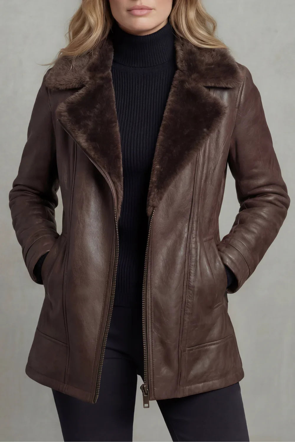 Women's Shearling Lined Leather Jacket with Wide Collar and Zip Front