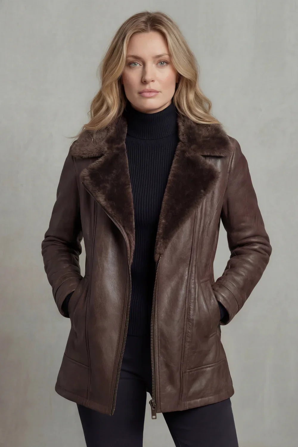 Women's Shearling Lined Leather Jacket with Wide Collar and Zip Front