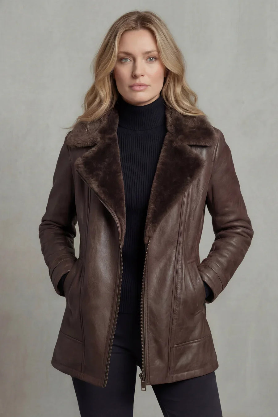 Women's Shearling Lined Leather Jacket with Wide Collar and Zip Front