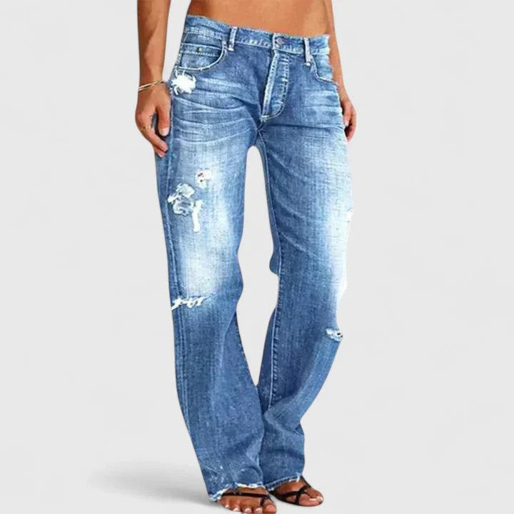 Women's Low Rise Wide Leg Distressed Jeans with Frayed Hem