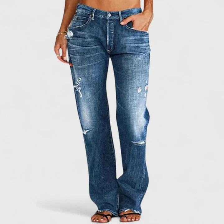 Women's Low Rise Wide Leg Distressed Jeans with Frayed Hem