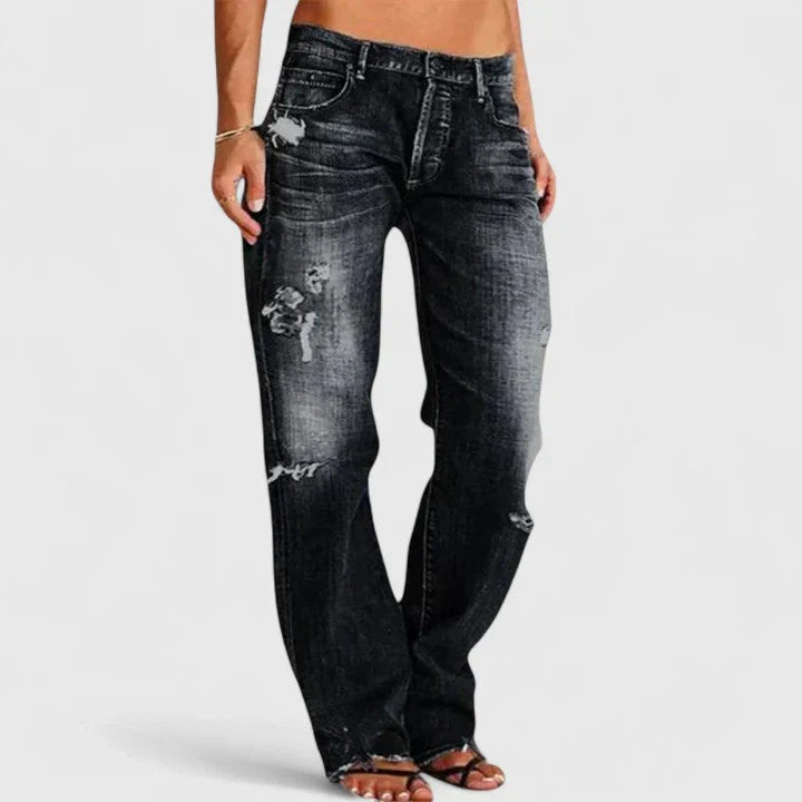 Women's Low Rise Wide Leg Distressed Jeans with Frayed Hem
